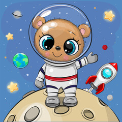 Bear astronaut on the moon on a space background
