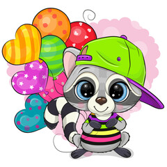 Cartoon Raccoon in a cap with colorful balloons