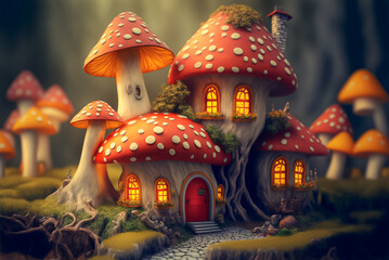 Fairy village under toadstools and old tree roots. Generative AI
