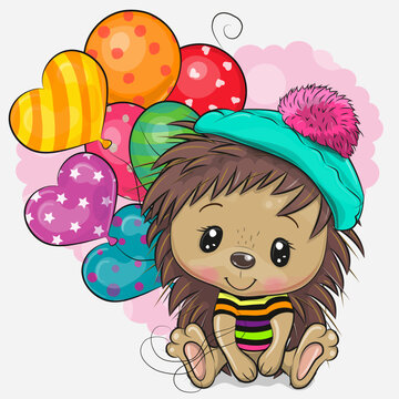 Cartoon Hedgehog in a beret with colorful balloons