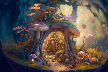 Fairy village under toadstools and old tree roots. Generative AI