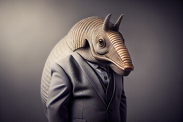 Portrait of an armadillo. dressed in a business suit in a studio photo. Generative AI. 