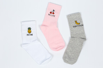 Socks on a white background. Socks on the leg.