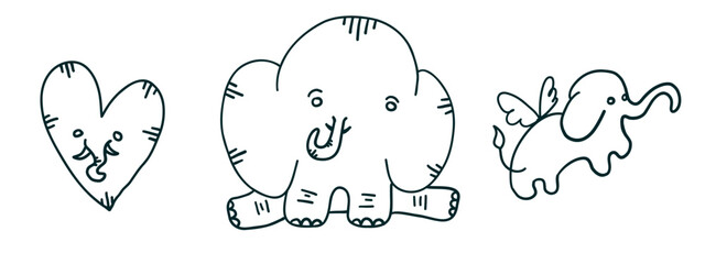 Happy Valentine Day. Lovely Elephants in outline doodle flat style isolated on white background.