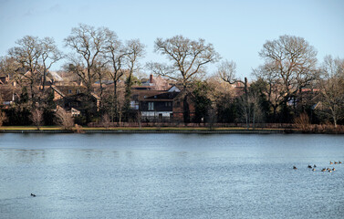 Quiet view with residential area on lakeside on winter morning at Caldecotte lake 