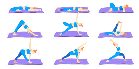 Obraz premium Yoga poses with mat collection. Ginger European female woman girl. Vector illustration in cartoon flat style isolated on white background.