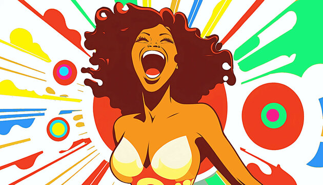 happy joyful smiling shouting woman in pop art style illustration design on colorful background - new quality universal stock image illustration wallpaper, generative ai