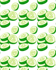 Sliced cucumber slices. Seamless pattern in vector. Organic food. Vector illustration. Useful vegetables.