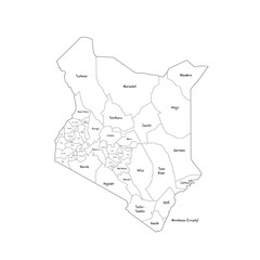 Kenya political map of administrative divisions - counties. Handdrawn doodle style map with black outline borders and name labels.