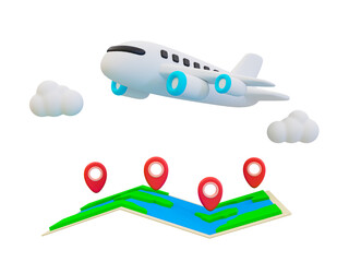 3d minimal Holiday travel trip. summer vacation trip. Recreational time. Take a flight. Map with a location icon and airplane above. 3d illustration.