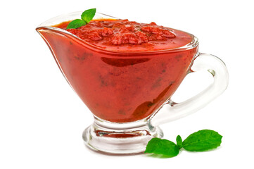 tomato sauce with green basil leaves on white background