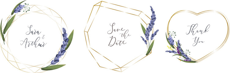 Vector floral set. Different polygonal and round frames, heart-shaped frame, crystal, eucalyptus, lavender 