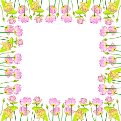 Trendy abstract square frame with pink lotuses, buds, green leaves, painted with watercolor pencils. Suitable for fabrics, prints, postcards, invitations, banners design, internet ads and more.