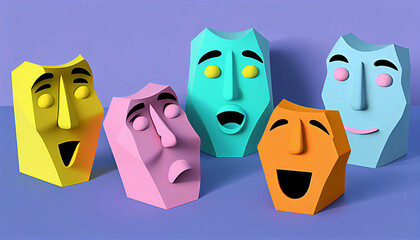 flat 3d people masks avatar faces set of Different men and women characters collection Isolated new quality universal colorful joyful stock image illustration wallpaper design, generative ai