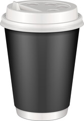 Mockup Black Blank Disposable Paper Cup With Lid. Container For Cold Or Hot Drink Coffee, Java, Tea, Cappuccino. Illustration Isolated On White Background. Mock Up Template Ready For Your Design.