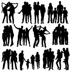 
set of family silhouettes with children, white background