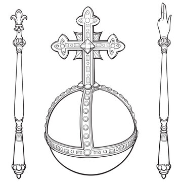 Sceptre and globus cruciger also known as orb. Sign of royal authority. Line drawing isolated on white background. EPS10 Vector illustration