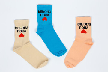 Socks on a white background. Socks on the leg.