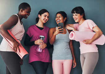 Fitness friends, smartphone and funny meme on social media, communication and workout group, women...