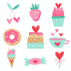 Outline doodle love theme set, romantic collection, Valentine's Day, 14 February. Cute cartoon style elements on white background. Hand drawn vector illustration. Yummy sweets and cakes with hearts. 
