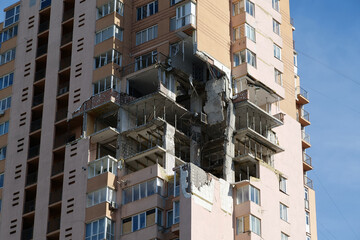 Russian missile damaged multi-storey dwelling building in Kiev city, Ukraine