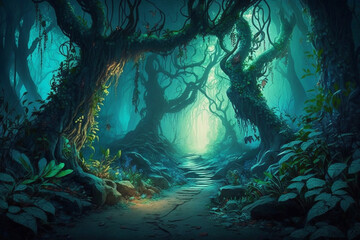Fototapeta na wymiar Fantastic fairy forest at night with fantasy multicolored glowing flowers and lights in the style of fantasy, a long tunnel between trees, light up the forest for its inhabitants, generative ai
