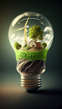 Concept of a house with renewable energy. Sustainable development with the environment. Home inside a light bulb with energy efficiency and wind power. 3d rendering.