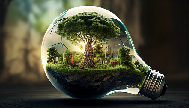 Fototapeta World Day of energy efficiency. Ecological rural house in the outskirts using renewable energy that is not harmful to the environment. A big tree in the prairie next to wind technology. 3d rendering.
