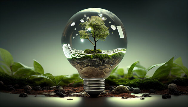 International Day Of Forests. Eco Light Bulb. Use Of Sustainable Renewable Energy For The Planet And The Environment. Sustainable Development Saving Energy In The Home On A Daily Basis. 3d Rendering.