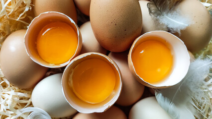 Chicken eggs. Cracked egg, raw yolk and white. - 570265372