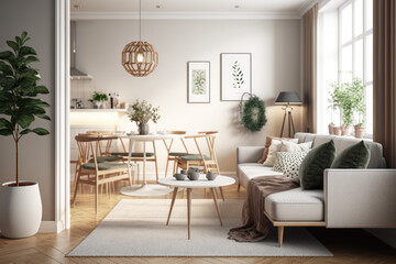 Contemporary Scandinavian Apartment Living Room with Beige Sofa and Dining Area - 3D Panoramic View - obrazy, fototapety, plakaty