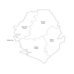 Obraz premium Sierra Leone political map of administrative divisions - provinces and one area. Handdrawn doodle style map with black outline borders and name labels.