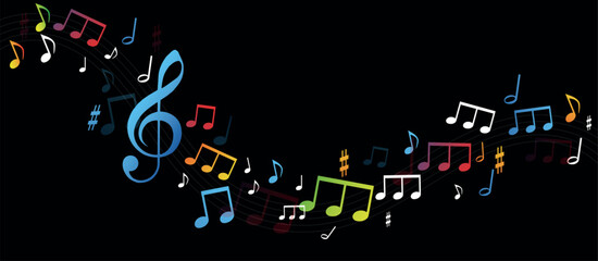 note musicali su sfondo nero, concetto di musica, concerto