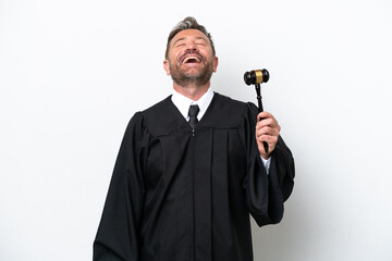 Middle age judge man isolated on white background laughing