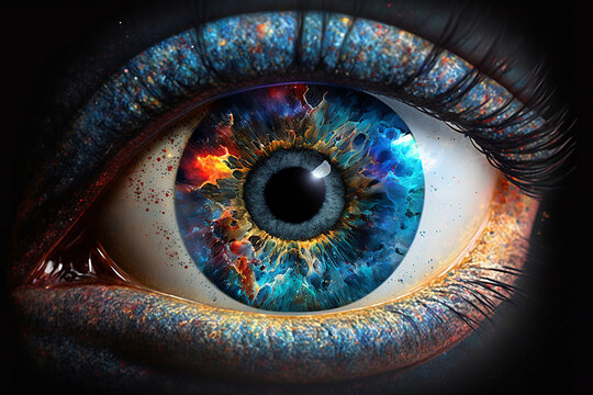realistic human eye with galaxy inside detailed close up, new quality universal colorful joyful stock image illustration wallpaper design, generative ai