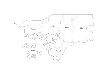 Guinea-Bissau political map of administrative divisions - regions and autonomous sector of Bissau. Handdrawn doodle style map with black outline borders and name labels.