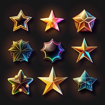 Set of star icons for game on black background. AI