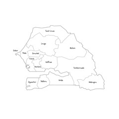 Senegal political map of administrative divisions - regions. Handdrawn doodle style map with black outline borders and name labels.