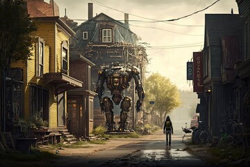 A near-futuristic rural village, machins , robot,  buildings, people on the street, ai generative
