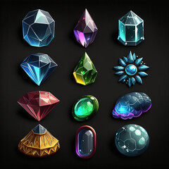 Set of fantasy jewelry gems, stone icon for game on black background