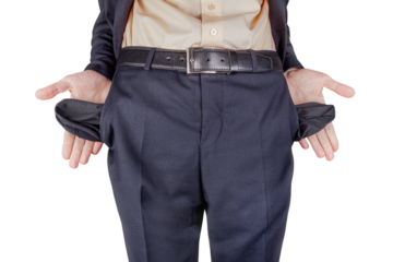 Bankrupt business man showing empty pockets with hands. png transparent