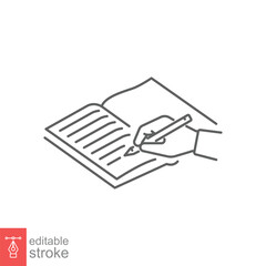Write journal line icon. Simple outline style. Diary, author book, story, note, homework, hand and pen, sketch, write book. Vector illustration isolated on white background. Editable stroke EPS 10.