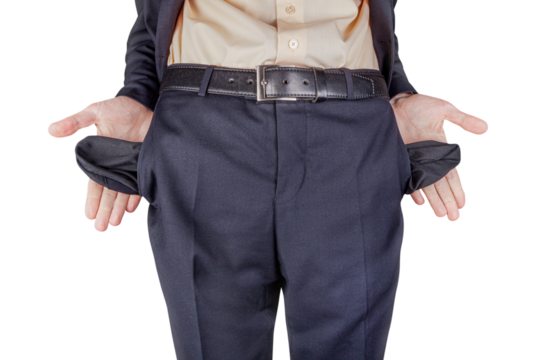 Bankrupt business man showing empty pockets with hands. png transparent