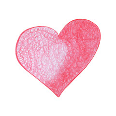 Red Heart Drawn by Colored Pencil. The Sign of World Heart Day. Symbol of Valentines Day. Heart Shape Isolated on White Background.