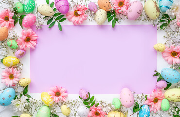 Naklejka na ściany i meble Colorful eggs and flowers on a white background. Easter design in pastel colors with space for text. Festive template with lilac space for text