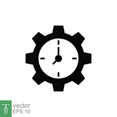 Gear with time glyph icon. Simple solid style. Cogwheel clock dial, development process logo, 24 hours concept symbol design. Vector illustration isolated on white background. EPS 10.