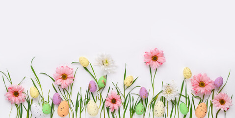 Easter template, panorama. Background with colorful eggs and flowers.