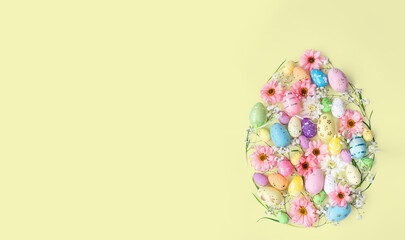 Fototapeta na wymiar Easter template, panorama. Colorful eggs and flowers on a yellow background