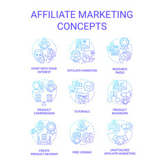 Affiliate marketing blue gradient concept icons set. Business partnership with influencers idea thin line color illustrations. Isolated symbols. Roboto-Medium, Myriad Pro-Bold fonts used