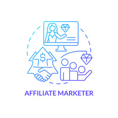 Affiliate marketer blue gradient concept icon. Influencer impact. Party in performance marketing abstract idea thin line illustration. Isolated outline drawing. Myriad Pro-Bold font used